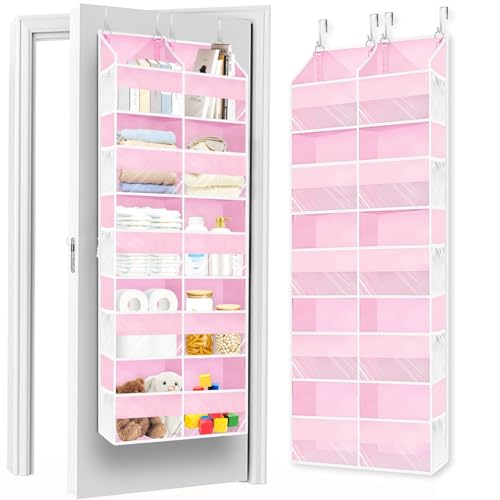 Pink Over The Door Organizer 5 Tiers, Extra Large Behind Door Storage of 10 Compartments, 50 lbs Weight Capacity Over The Door Storage for Closet, Diaper Organizer
