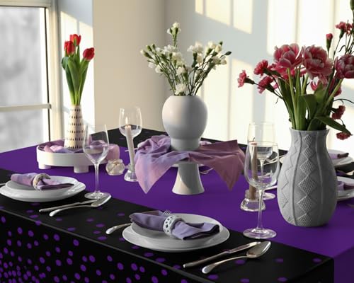 Image of Oudain 6 Pcs Purple and Black Tablecloth for Parties Plastic Dot Tablecloths Printed Table Runner Waterproof Disposable Rectangle Table Cover for Christmas Birthday Wedding Party, 54 inch x 108 inch