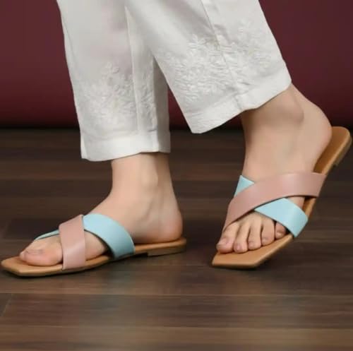 Image of TIGER COLLECTIONS Women's Flat Cross Strap Slippers | Comfortable Open Toe Casual Slip-On Sandals | Lightweight Anti-Skid Daily Wear Fashion Flats for Women & Girls