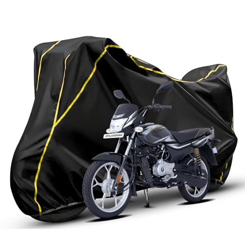 Image of Waterproof Bike Body Cover Compatible with Bajaj Platina Dustproof Scratchproof - Motorcycle Cover for Two Wheeler, Outdoor Full Cover with UV, Duty, Rain Protection (Black & Yellow)