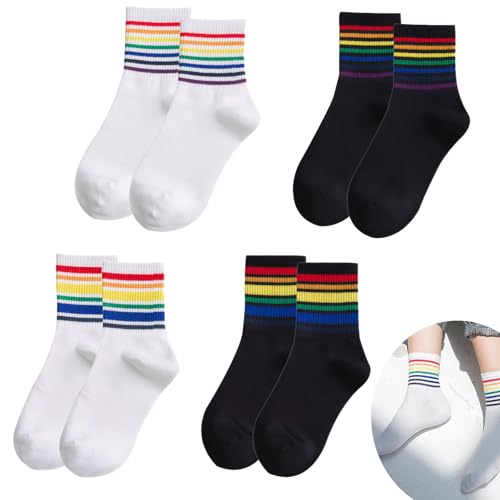4 Paar Rainbow Pride Socken - Unisex Bunte Gestreifte Regenbogen Muster Tennissocken, Atmungsaktiv und Schweißabsorbierend (Schwarz-Weiss)