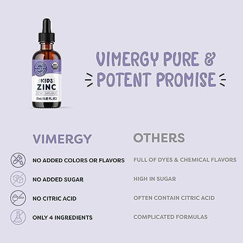 Image of VIMERGY Kids USDA Organic Liquid Zinc Sulfate - for Children & Adolescence 1-18 Years Old, Fast-Absorbing Immune Support* - Promotes Healthy Bones, Hair & Skin, Vegan, Non-GMO - 55 mL