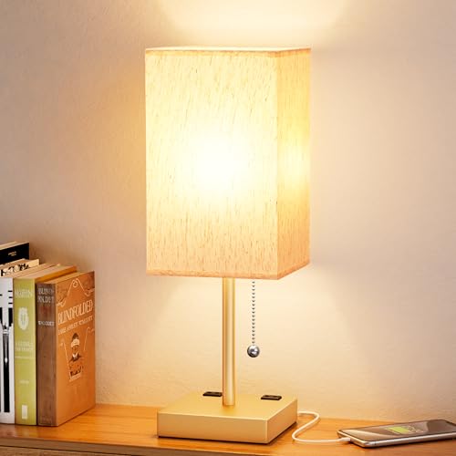 Image of Gold Bedside Lamp for Bedroom - 3 Color Temperatures, USB A+C, 2 AC Outlets