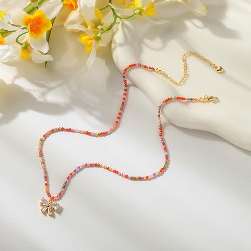 XIJIN Colorful Beaded Necklaces for Women,Boho Beach Bow Zircon Bead Necklaces Dainty Womens Necklace Gold Choker for Women Adjustable3