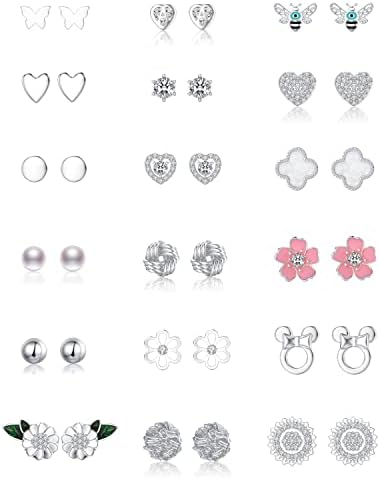 18 Pairs Silver Stud Earrings for Women Girls Faux Pearl Butterfly CZ Heart Flower Unicorns Love Knot Stud Earrings Hypoallergenic Assorted Cute Piercing Stud Earrings for Teens Kids Jewelry Gifts