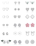 18 Pairs Silver Stud Earrings for Women Girls Faux Pearl Butterfly CZ Heart Flower Unicorns Love Kno