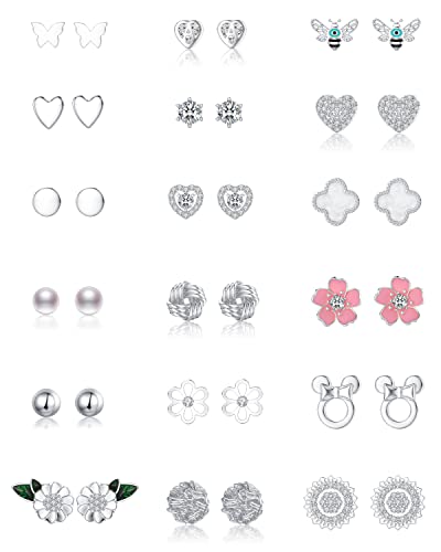 18 Pairs Silver Stud Earrings For Women Girls Faux Pearl Butterfly Cz Heart Flower Unicorns Love Knot Stud Earrings Hypoallergenic Assorted Cute Piercing Stud Earrings For Teens Kids Jewelry Gifts #TOP5