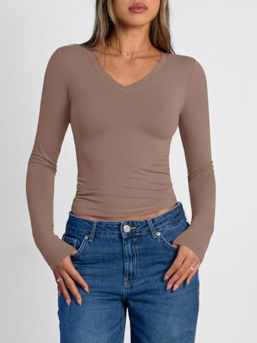 Image of Trendy Queen Womens Long Sleeve Shirts 2026 Fall Fashion Basics Crop Tops