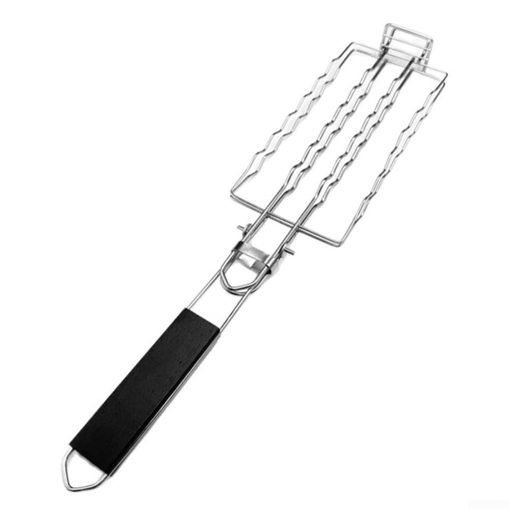 Folding Grilling Basket for Hot Dogs and Vegetables, Stainless Steel Sausage Cage with Non For Mesh Clip, Portable Outdoor BBQ Rack for Camping and Picnic