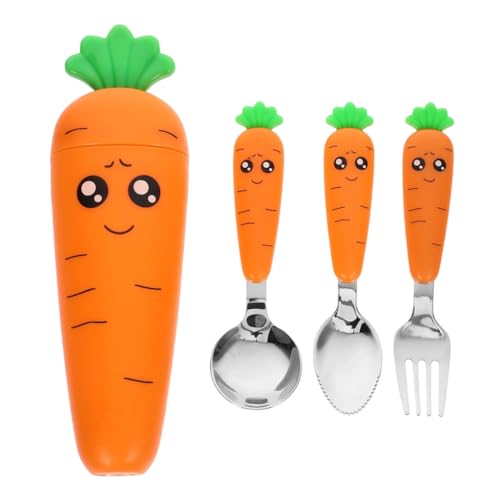 Image of Supvox Spoon and Fork Set with Case, Fork and Serrated Puree Spoon, Cute Cartoon Carrot Handle Design, with Carrot-Shape Storage Case