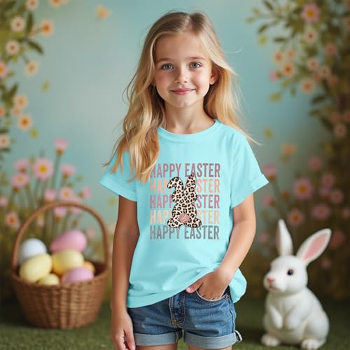 Image of GLIGLITTR Girls Happy Easter Shirts Leopard Bunny Tshirt Cute Rabbit Outfits Kids Easter Holiday Short Sleeve Tee Tops 7-12Y