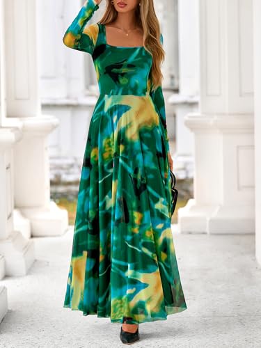 BTFBM Women Maxi Dress Fall 2025 Fashion Elegant Long Sleeve Square Neck Floral Print Party Club Wedding Guest Dresses