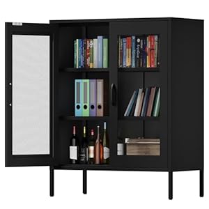 Black Metal Storage Cabinet,Metal Locker Storage Cabinet with 2 Mesh Doors and Adjustable Shelves,Kitchen Pantry Cabinets for Home,Sideboard,Living Room,Office(40″ H)