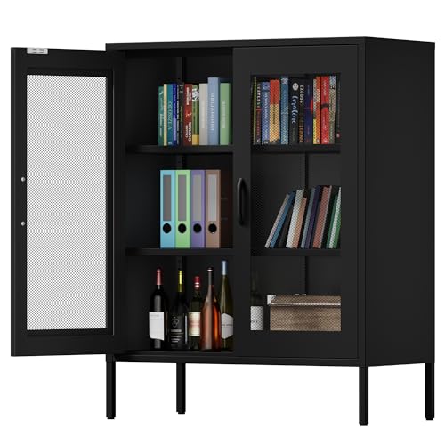 Black Metal Storage Cabinet,Metal Locker Storage Cabinet with 2 Mesh Doors and Adjustable Shelves,Kitchen Pantry Cabinets for Home,Sideboard,Living Room,Office(40" H)