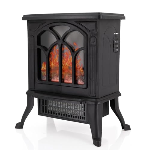 Electric Heater 1500W/750W Portable Freestanding Fireplace with Adjustable Thermostat, Overheating & Tip-Over Protection, Flame Effect, Log Wood Burner