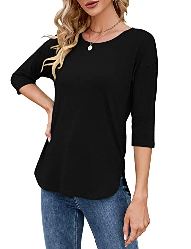 Kancystore Womens 3/4 Length Sleeve Tops Casual Loose Fit Tunic Shirts Crewneck Basic Tees2