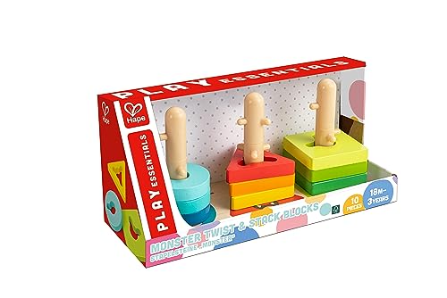 Image of Hape: Monster Twist & Stack Blocks - Shape & Color Sorter, Wooden Toy, Fun Monster Faces, Unique Shaped Block Pieces, Kids & Toddlers Ages 18mo+