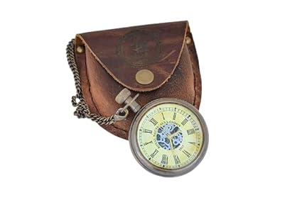 Blue Globe Antique Brass Roman Numerals Clock with Chain and a Brown Leather Case Collectible Gift for Outdoor/ Maritime Vintage Brass Flat Pocket Compass