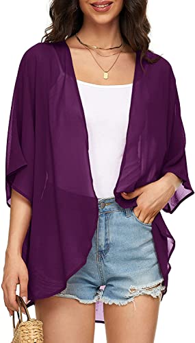 Image of Indian Trendy Women's Solid Puff Sleeve Kimono Cardigan Loose Cover Up Casual Blouse Top Chiffon
