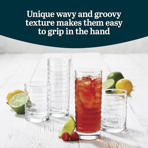 Image of Libbey Pueblo Tumbler and Rocks Glass Set, Wavy and Groovy Drinking Glasses Set, Dishwasher Safe Glasses Drinking Set of 16 for Everyday Family Meals