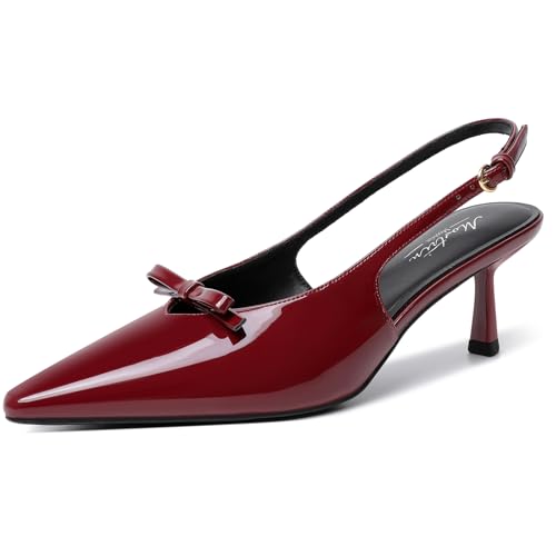 Image of Mostrin Kitten Heels for Women Pointed Toe Pumps Patent Leather Low Heel Slingback Heels with Buckle Dress Shoes for Dating Party Working