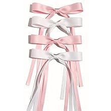 4pcs Tassel Ribbon Bowknot Hair Clips with Long Tails, Solid Claw Barrettes with Bows for Girls and Women - Hair Accessories (Pink White)