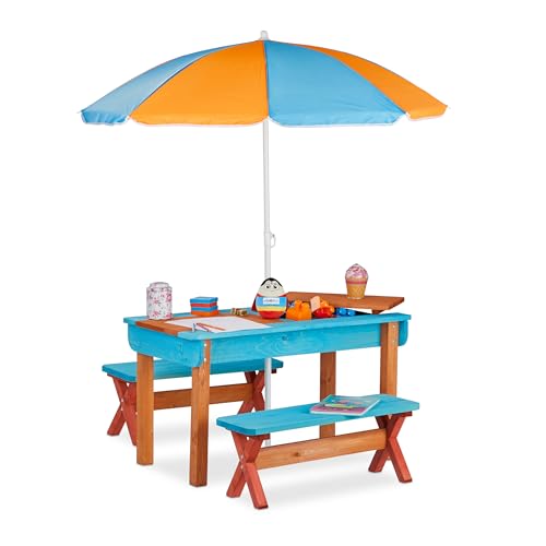 Relaxdays Kindersitzgruppe Garten, Holz, Spieltisch Set aus Tisch, 2x...