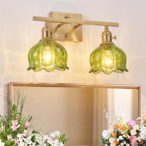 Image of 3-Light Vintage Bathroom Vanity Light, 19.4 inch Brass Hardwired Wall Sconce with Amber Tulip Glass Shades, Brushed Gold Vanity Light for Mirror, Restroom, Bedroom (Green, 2-Light)
