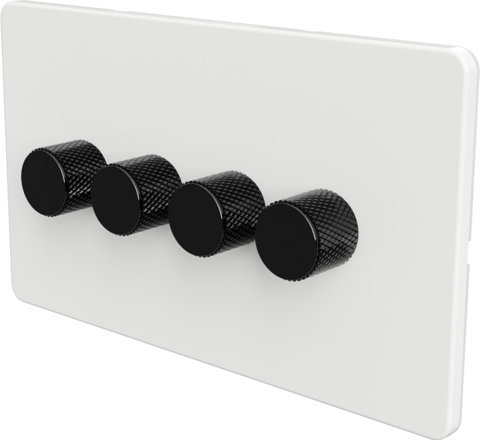 LED Dimmer Switch [Metal Knob/Plastic faceplate] 2-way Rotary Push On/Off for Dimmable LED and Halogen Lights, minimum brightness adjustable - White/Black 4-Gang — image 1