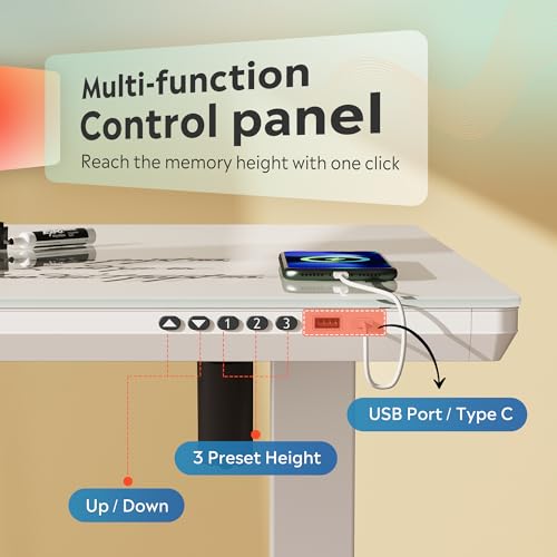 Image of DEVAISE 55 Inch Electric Standing Desk with Drawers, Adjustable Computer Desk for Home Office, with LED Touchscreen，Headphone Hook, 3 Memory Preset, with One-Piece Glass Desktop, White