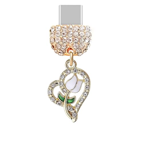Tapón antipolvo de cristal ELISE & FONDA tipo C con dije de corazón rosa blanco para Android