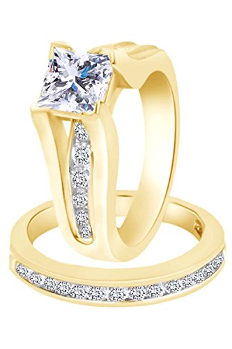 AFFY Princess & Round Cut White Cubic Zirconia Solitaire Bridal Ring Set in 14k Yellow Gold Over Sterling Silver Ring Size-12.5