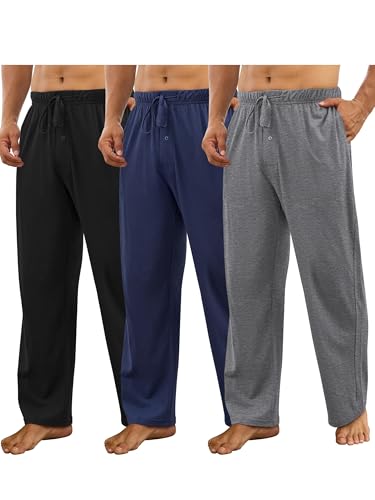 3 Pack Mens Cotton Pajama Pants, Lightweight Lounge Pj Bottoms for Men Soft Sleep Pants with Pockets & Drawstring