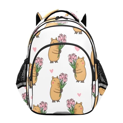 Capybara Tulip Pattern Backpack For Girls Kindergarten Elementary Bookbag Lightweight Childrens School Bag,Medium