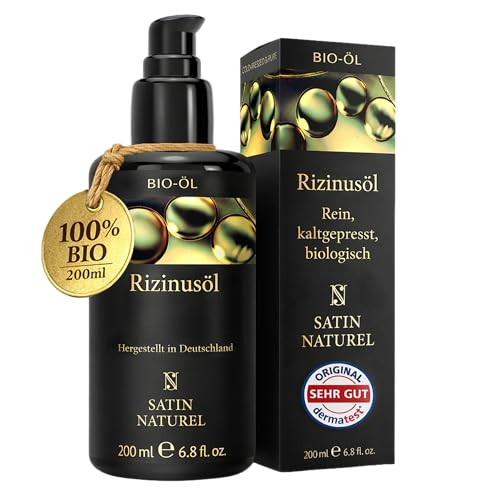 Satin Naturel Rizinusöl Kaltgepresst & BIO 200ml - 100% Reines Castor Oil - Haaröl & Gesichtsöl - Für Wimpern, Augenbrauen, Haare, Bart, Nägel - Haarwachstum - Vegan & Cruelty Free Naturkosmetik