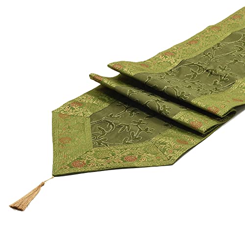 Image of E-EZRA Ari Zari Embroidery Table Runner for Dining Table 6 Seater 72IN Indian Satin Traditional Long Runner Up with Tassels Coffee Tablecloth for Room & Home Decor Runner (Green)