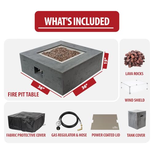Image of AMS Creations | Albany 36 inches Square Propane Gas Outdoor Fire Pit Table | Concrete GFRC Fire Pit Table | with SS Lid, Canvas Cover, Tank Cover, Lava Rock and Wind Guard Included