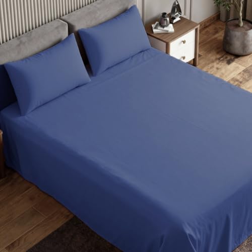 Image of haus & kinder Bedsheet King Size, 300 TC Cotton Sateen Weave, Flat Bedsheet for King Size Bed, Silky Smooth (Blue Haze, 108x108)