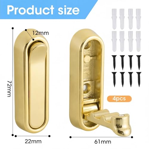 Eulihent 4 Stück Kleiderhaken Klappbar - Zinklegierung mit 5kg Tragkraft, Gold Faltbare Haken Wandhalterung (Schrauben), Wandhaken Klappbar für Kleider, Handtücher & Taschen in Bad, Wohnzimmer.