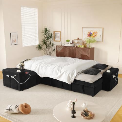 Image of Modular Sectional Sleeper Sofa with Pull Out Bed, 108 Inch U Shaped 7 Seat Couches for Living Room, Chenille Fabric Cloud Couch Bed with Storage, Reclining Backrest, USB Charging, Corduroy
