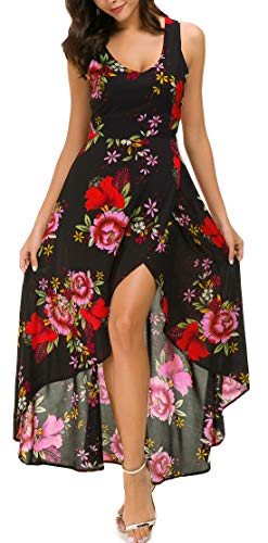 Kormei Womens Sleeveless Scoop Neck Floral High Low Split Party Long Maxi Dress