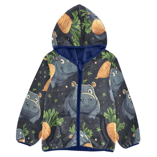 Cute Cartoon Hippo with Carrots Toddler Fleece Jacket Girl Boys Hooded Fleece Jacket Coat Warm Outwear Zip-up 3-10T