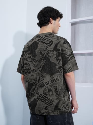 Image of The Souled Store Superman: Men and Boys Short Sleeves Round Neck Grey Embroidered Cotton Oversized T-Shirts