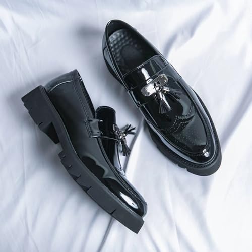 Mens Faux Patent Leather Tassel Slip-On Dress Loafers with Brogue Modern Wingtip Platform Lug Sole Penny Shoes for Business Party Formal4