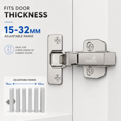 Image of Hettich Sensys 8631i Soft Close 16 Crank Thick Door Hinge with Mounting Plate | Nickel Plated | 95 Opening for 15-32mm Overlay Doors | Screw-On | 1 Year Surface Warranty | Pack of 1 (2 Hinges)
