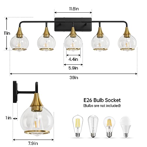 Image of Black and Gold Bathroom Vanity Light 5-Lights Bathroom Light Fixtures Over Mirror with Clear Glass Shade 39.2 inch Wall Sconce Lighting Bath(Exclude E26 Bulb)