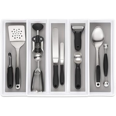 Expandable Utensil Tray Drawer Organizer, 5 Compartment Adjustable Serving Utensils Holder, Multi-Purpose Storage for Kitchen, Office, Bathroom Supplies Cover