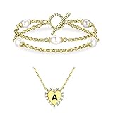 AiliFe Gold Pearl Double Layered Bracelets and Dainty Gold Initial Necklaces for Women Girls