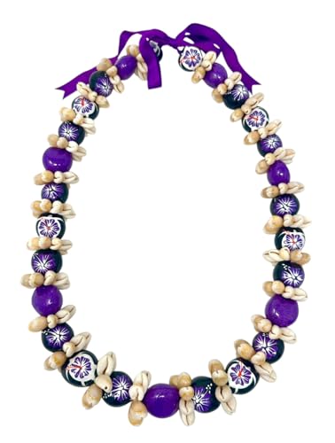 Utama Hawaiian Flower Necklace - Kukui Nut Lei with Cowrie Shell - Adjustable 32 inches Lei - Great for Color Themed Events, Graduation, Parties, and More!2