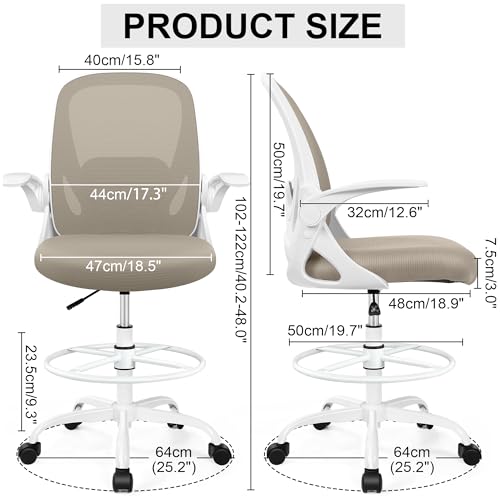 Image of Drafting Chair Tall Office Chair with Flip-up Armrests, Adjustable Height, and Enhanced Lumbar Support - Ergonomic Rolling Stool, Back Support, and Adjustable Foot Rest Ring for Standing Desk Khaki